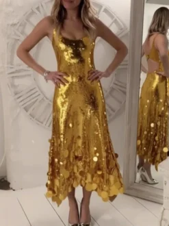 Robe de soirée pour femme col rond volants sexy sans manches dorée