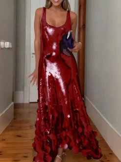 Robe de soirée pour femme col rond volants sexy sans manches dorée