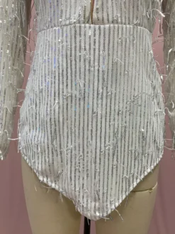 Robe de soirée pour femme col V sequins chics manches longues dos nu argentée sexy
