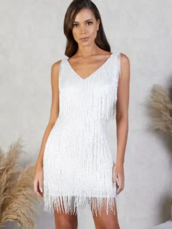 Robe de soirée pour femme col V sequins chics sans manches dos nu en polyester argenté robe sexy.