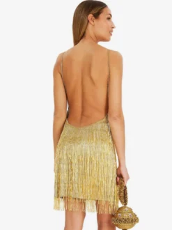 Robe de soirée pour femme dorée col en V franges sans manches dos nu sexy