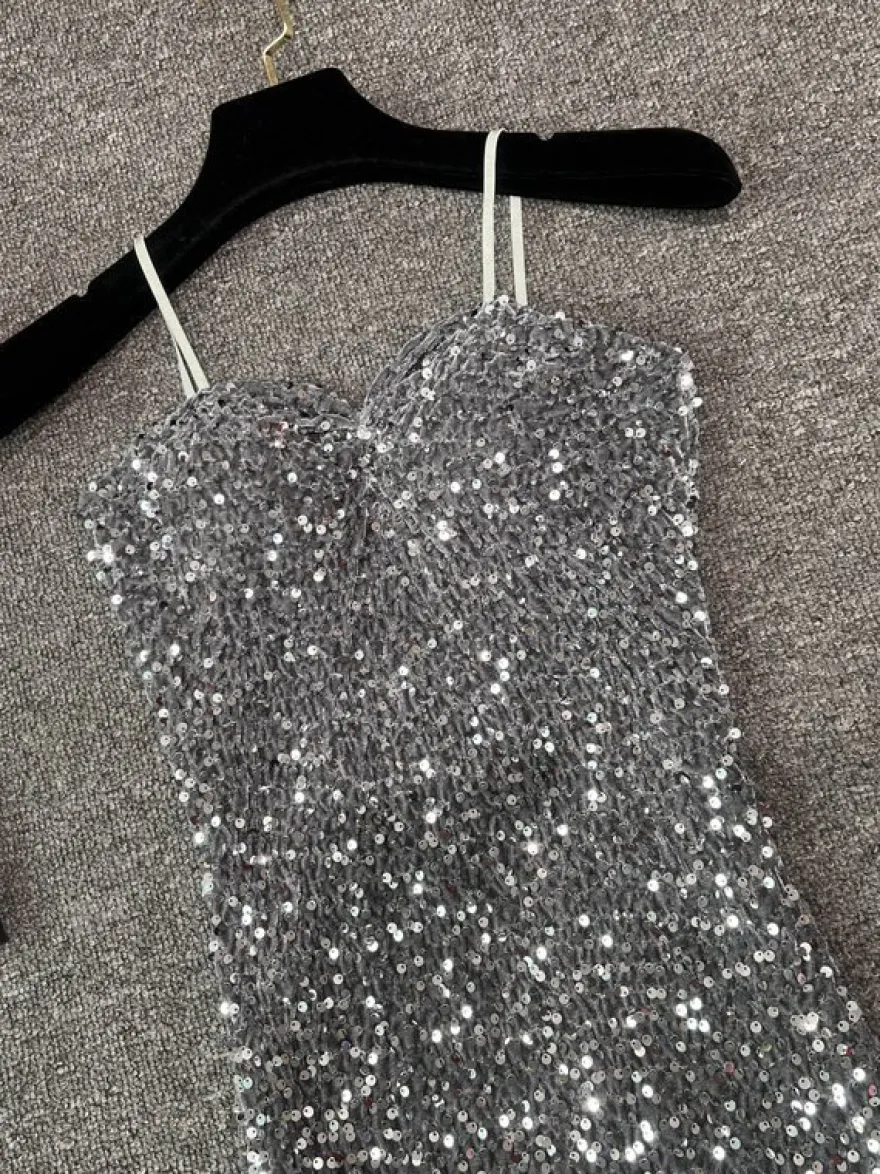 Robe de soirée pour femme noire à bretelles col à sequins sans manches en polyester sexy