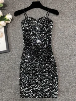 Robe de soirée pour femme noire à bretelles col à sequins sans manches en polyester sexy