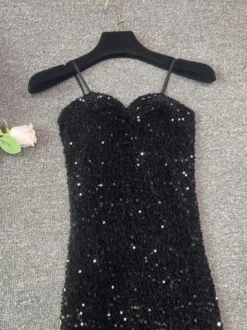 Robe de soirée pour femme noire à bretelles col à sequins sans manches en polyester sexy