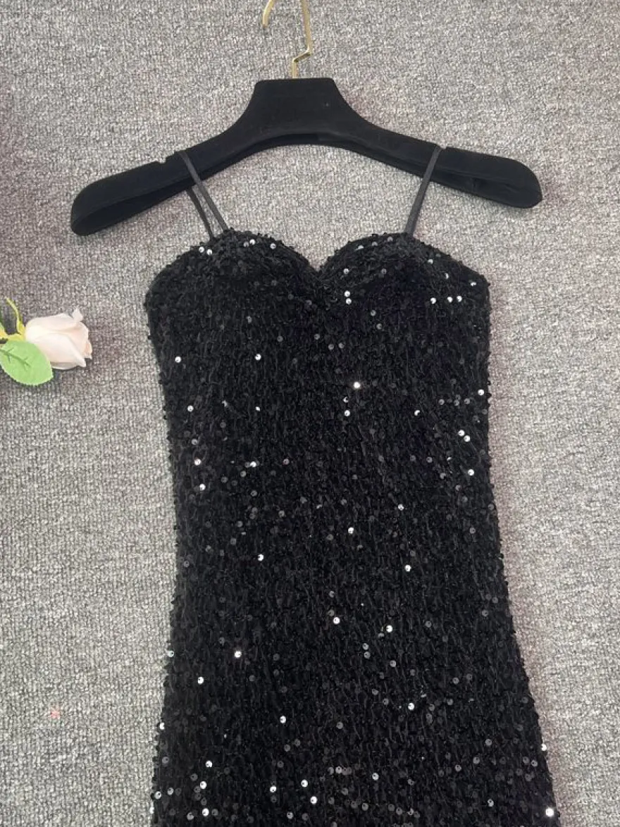 Robe de soirée pour femme noire à bretelles col à sequins sans manches en polyester sexy