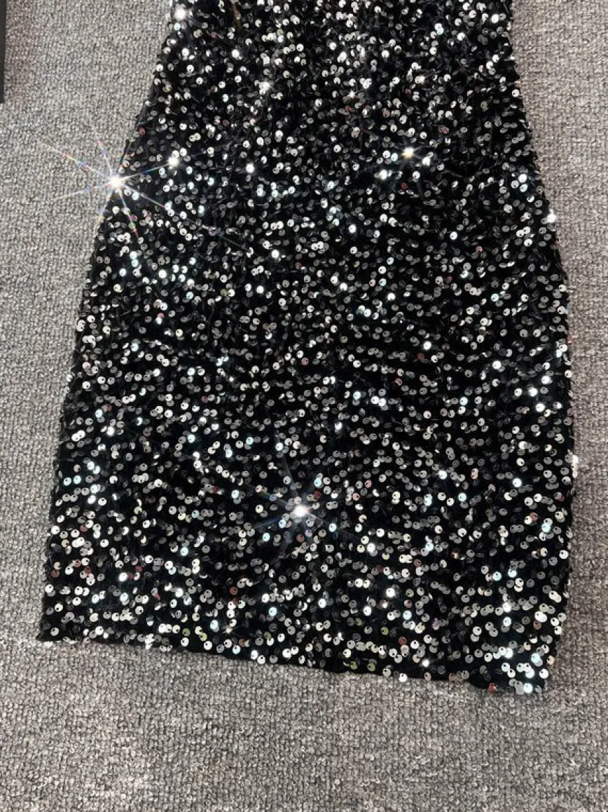 Robe de soirée pour femme noire à bretelles col à sequins sans manches en polyester sexy