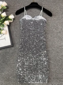 Robe de soirée pour femme noire à bretelles col à sequins sans manches en polyester sexy