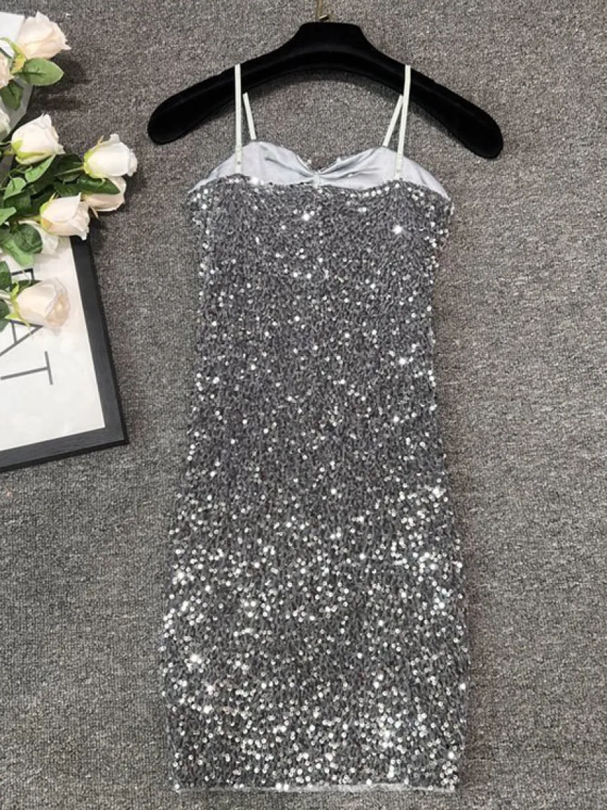 Robe de soirée pour femme noire à bretelles col à sequins sans manches en polyester sexy