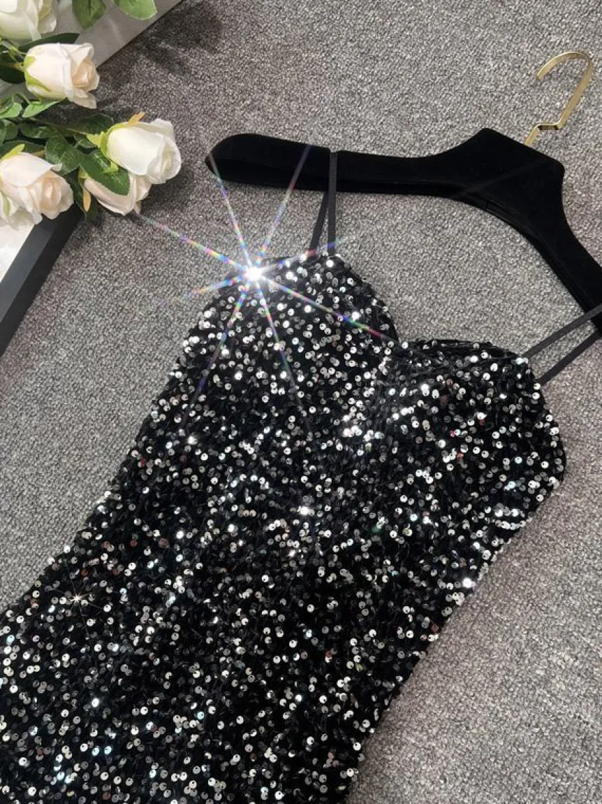 Robe de soirée pour femme noire à bretelles col à sequins sans manches en polyester sexy