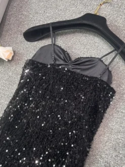 Robe de soirée pour femme noire à bretelles col à sequins sans manches en polyester sexy