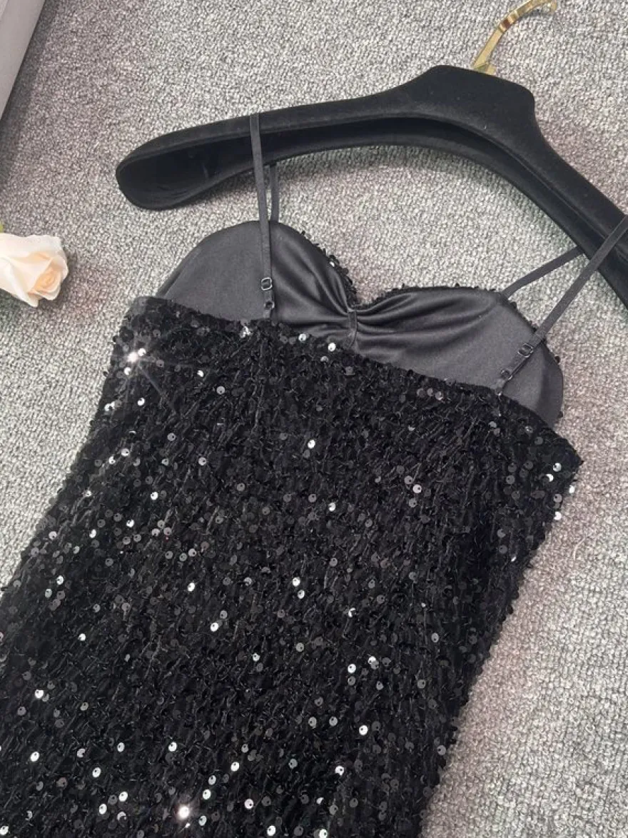 Robe de soirée pour femme noire à bretelles col à sequins sans manches en polyester sexy