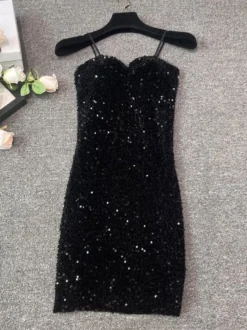 Robe de soirée pour femme noire à bretelles col à sequins sans manches en polyester sexy