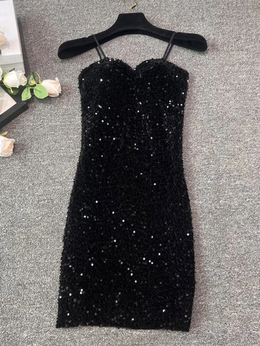 Robe de soirée pour femme noire à bretelles col à sequins sans manches en polyester sexy