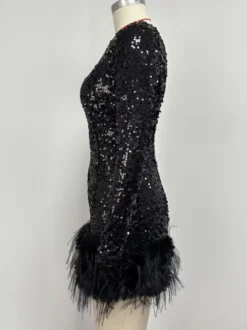 Robe de soirée pour femme noire asymétrique à sequins manches longues sexy