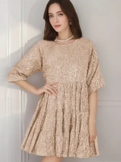 Robe de soirée pour femme rose col bijou sequins manches courtes sexy