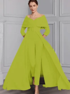 Robe de soirée pour la mère de la mariée décolleté conçu manches 3/4 combinaison ceinture longueur au sol robes d'invitées de mariage