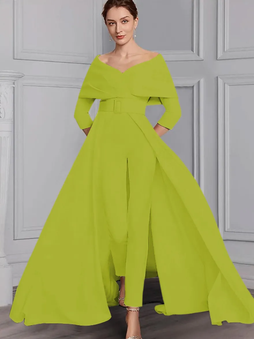 Robe de soirée pour la mère de la mariée décolleté conçu manches 3/4 combinaison ceinture longueur au sol robes d'invitées de mariage