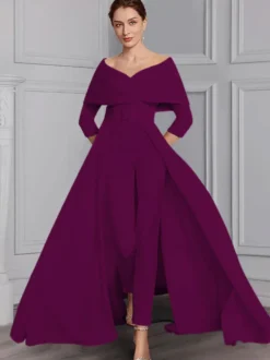 Robe de soirée pour la mère de la mariée décolleté conçu manches 3/4 combinaison ceinture longueur au sol robes d'invitées de mariage