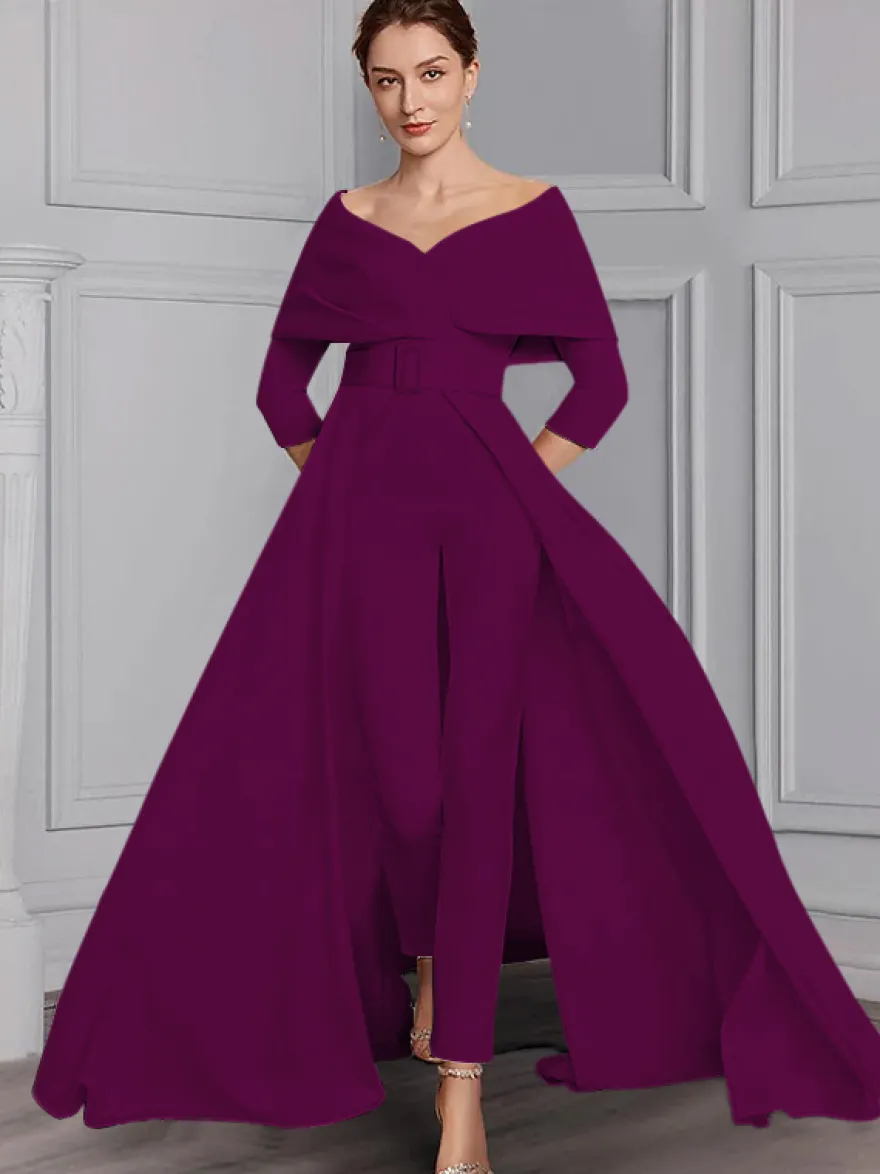 Robe de soirée pour la mère de la mariée décolleté conçu manches 3/4 combinaison ceinture longueur au sol robes d'invitées de mariage