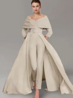 Robe de soirée pour la mère de la mariée décolleté conçu manches 3/4 combinaison ceinture longueur au sol robes d'invitées de mariage
