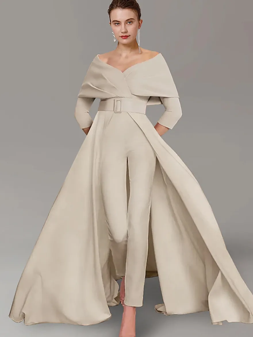 Robe de soirée pour la mère de la mariée décolleté conçu manches 3/4 combinaison ceinture longueur au sol robes d'invitées de mariage