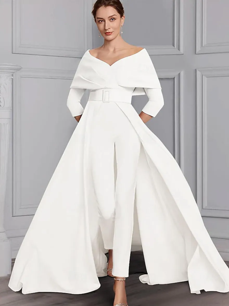 Robe de soirée pour la mère de la mariée décolleté conçu manches 3/4 combinaison ceinture longueur au sol robes d'invitées de mariage