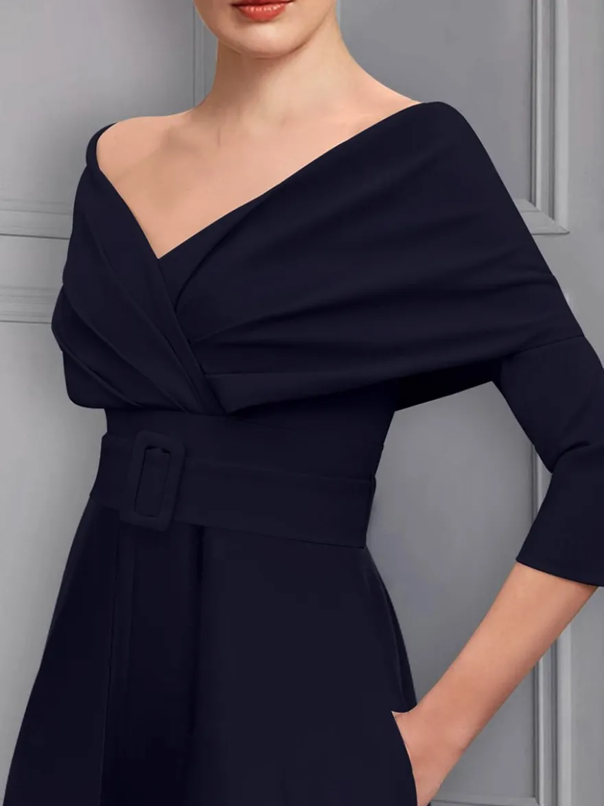 Robe de soirée pour la mère de la mariée décolleté conçu manches 3/4 combinaison ceinture longueur au sol robes d'invitées de mariage