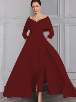 Robe de soirée pour la mère de la mariée décolleté conçu manches 3/4 combinaison ceinture longueur au sol robes d'invitées de mariage