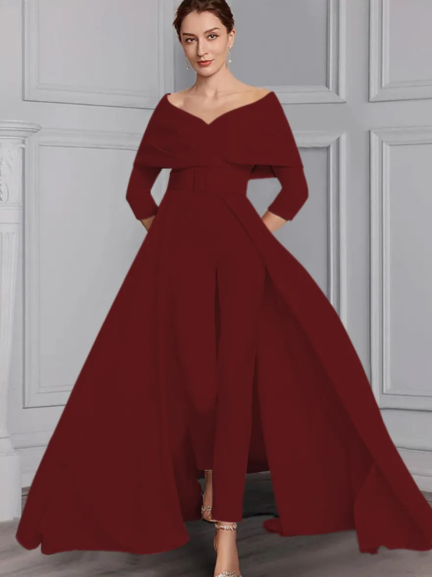 Robe de soirée pour la mère de la mariée décolleté conçu manches 3/4 combinaison ceinture longueur au sol robes d'invitées de mariage