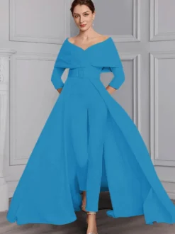 Robe de soirée pour la mère de la mariée décolleté conçu manches 3/4 combinaison ceinture longueur au sol robes d'invitées de mariage