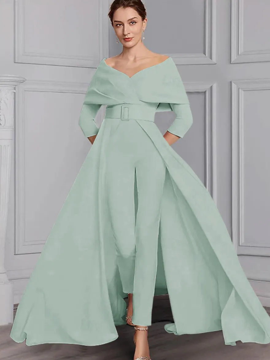 Robe de soirée pour la mère de la mariée décolleté conçu manches 3/4 combinaison ceinture longueur au sol robes d'invitées de mariage