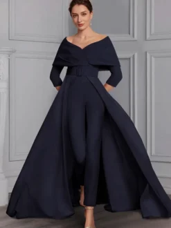 Robe de soirée pour la mère de la mariée décolleté conçu manches 3/4 combinaison ceinture longueur au sol robes d'invitées de mariage
