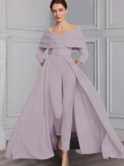 Robe de soirée pour la mère de la mariée décolleté conçu manches 3/4 combinaison ceinture longueur au sol robes d'invitées de mariage
