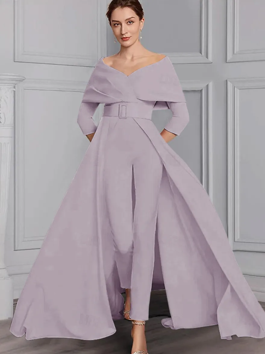 Robe de soirée pour la mère de la mariée décolleté conçu manches 3/4 combinaison ceinture longueur au sol robes d'invitées de mariage