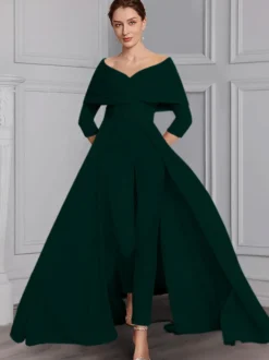 Robe de soirée pour la mère de la mariée décolleté conçu manches 3/4 combinaison ceinture longueur au sol robes d'invitées de mariage