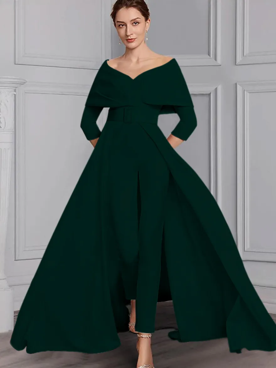 Robe de soirée pour la mère de la mariée décolleté conçu manches 3/4 combinaison ceinture longueur au sol robes d'invitées de mariage