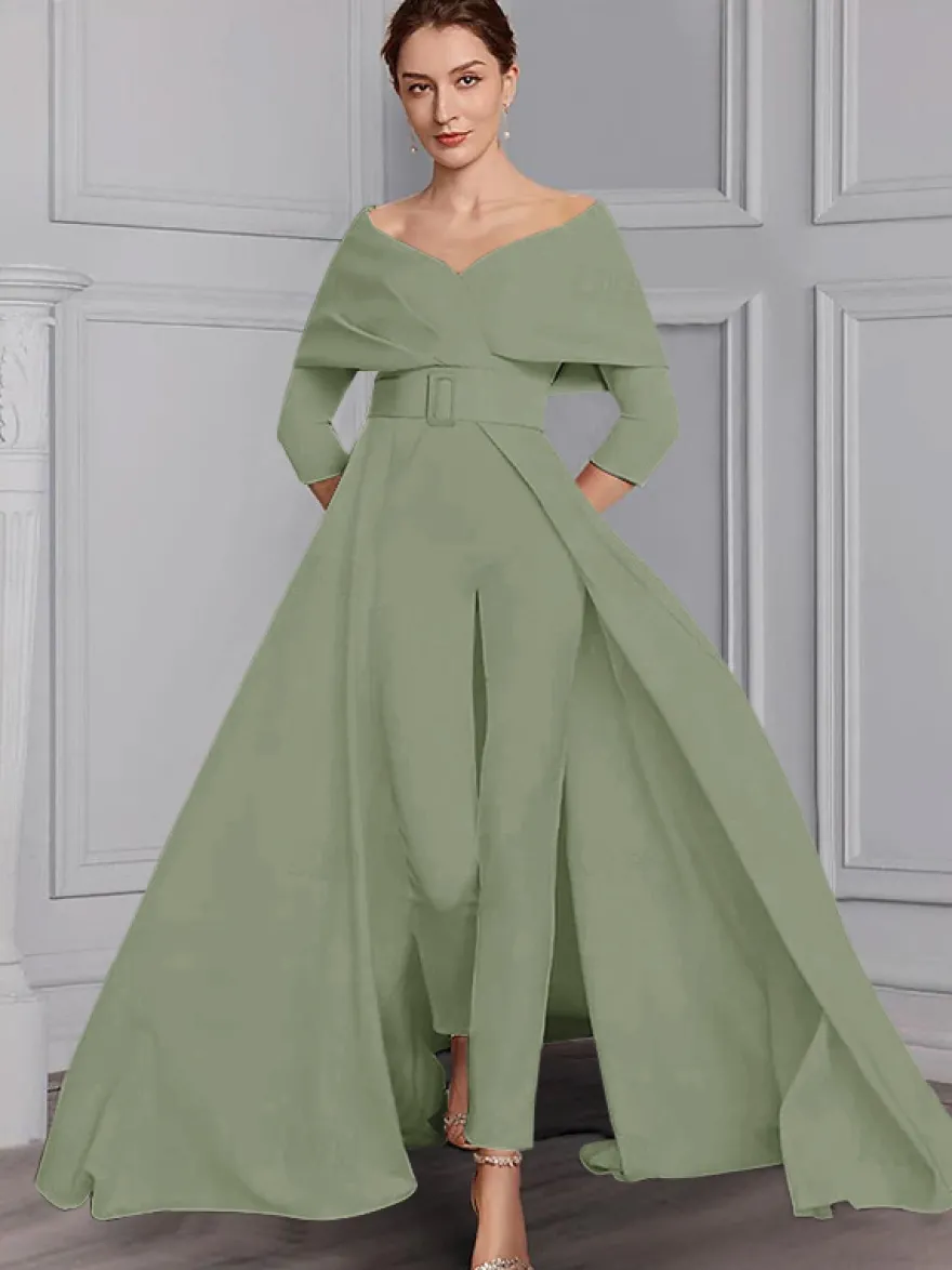 Robe de soirée pour la mère de la mariée décolleté conçu manches 3/4 combinaison ceinture longueur au sol robes d'invitées de mariage