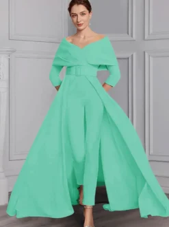Robe de soirée pour la mère de la mariée décolleté conçu manches 3/4 combinaison ceinture longueur au sol robes d'invitées de mariage