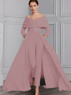 Robe de soirée pour la mère de la mariée décolleté conçu manches 3/4 combinaison ceinture longueur au sol robes d'invitées de mariage