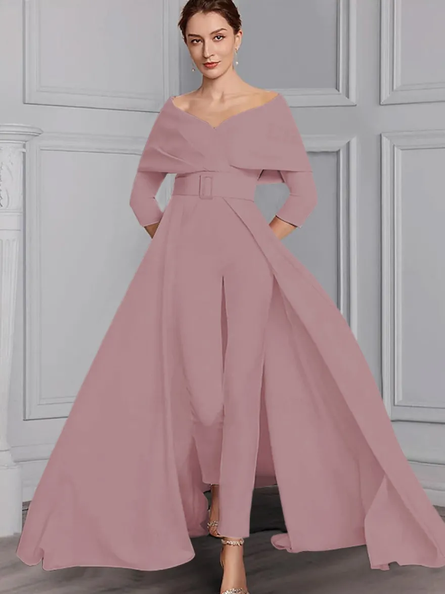 Robe de soirée pour la mère de la mariée décolleté conçu manches 3/4 combinaison ceinture longueur au sol robes d'invitées de mariage