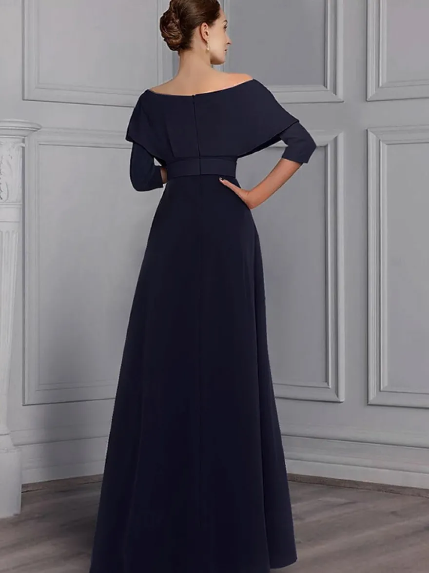 Robe de soirée pour la mère de la mariée décolleté conçu manches 3/4 combinaison ceinture longueur au sol robes d'invitées de mariage