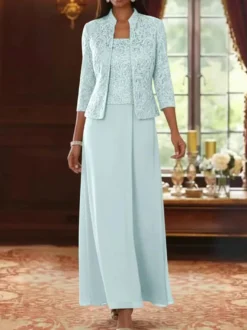 Robe de soirée pour la mère de la mariée col carré manches 3/4 robe d'invitée deux pièces en dentelle pour un mariage