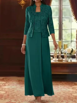Robe de soirée pour la mère de la mariée col carré manches 3/4 robe d'invitée deux pièces en dentelle pour un mariage