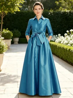 Robe de soirée pour la mère de la mariée col rabattu manches longues coupe trapèze ceinture robe d'invitée pour un mariage