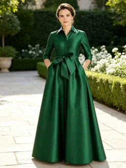 Robe de soirée pour la mère de la mariée col rabattu manches longues coupe trapèze ceinture robe d'invitée pour un mariage