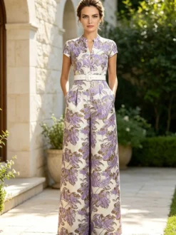 Robe de soirée pour la mère de la mariée combinaison à manches courtes et col en V robe longue pour invitée de mariage