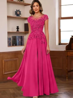 Robe de soirée pour mère de la mariée décolleté illusion manches courtes robe de bal dentelle robes d'invitées de mariage