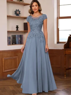 Robe de soirée pour mère de la mariée décolleté illusion manches courtes robe de bal dentelle robes d'invitées de mariage