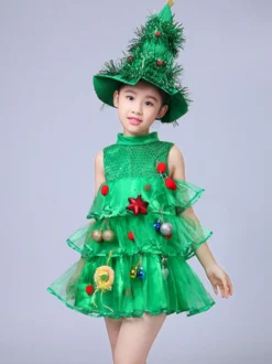 Robe de soirée pour Noël vert Santa Tree Polyester Fiber Hat Dress Costumes de vacances de Noël Ensemble complet