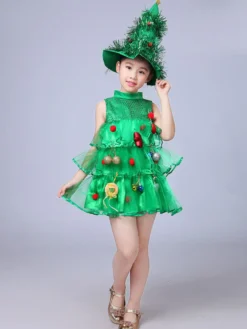 Robe de soirée pour Noël vert Santa Tree Polyester Fiber Hat Dress Costumes de vacances de Noël Ensemble complet